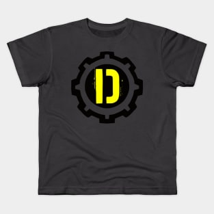 A Yellow Letter D in a Black Industrial Cog Kids T-Shirt